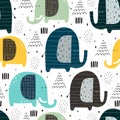 Seamless pattern with cartoon elephants, decor elements. Colorful vector flat style for kids. animal theme. hand drawing. Royalty Free Stock Photo